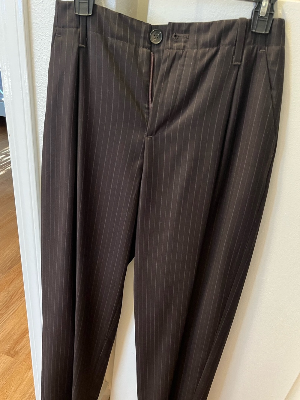 THE GREAT. Women's Brown Pinstripe Trousers